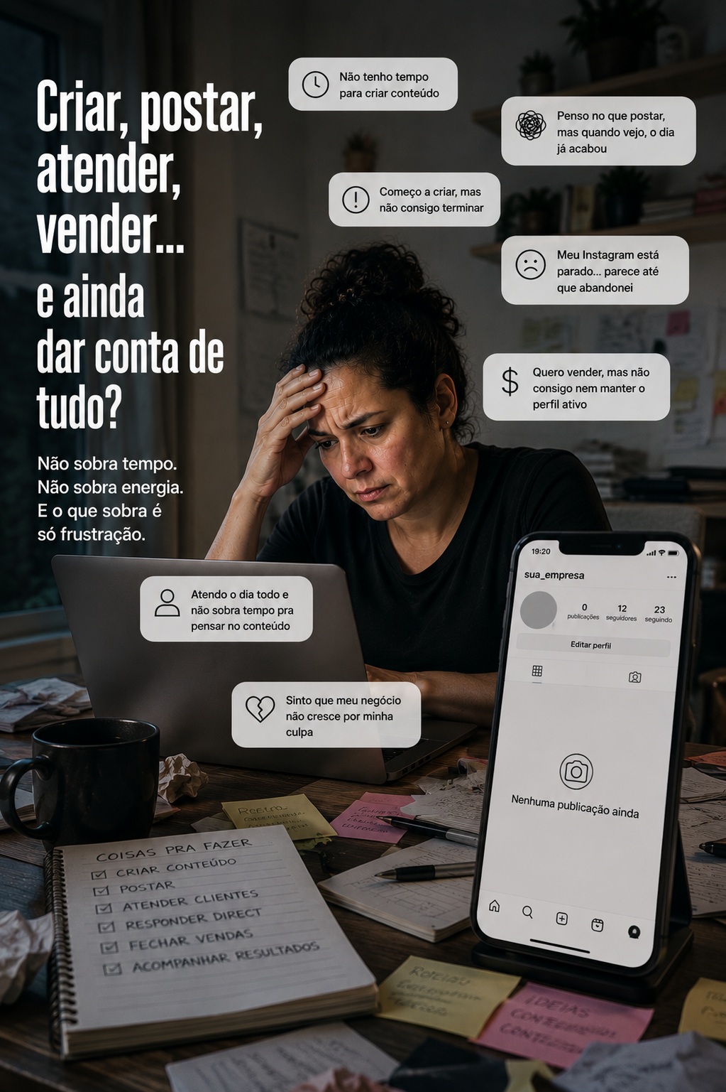 Sobrecarga: criar, postar, atender, vender — tudo na mesma pessoa